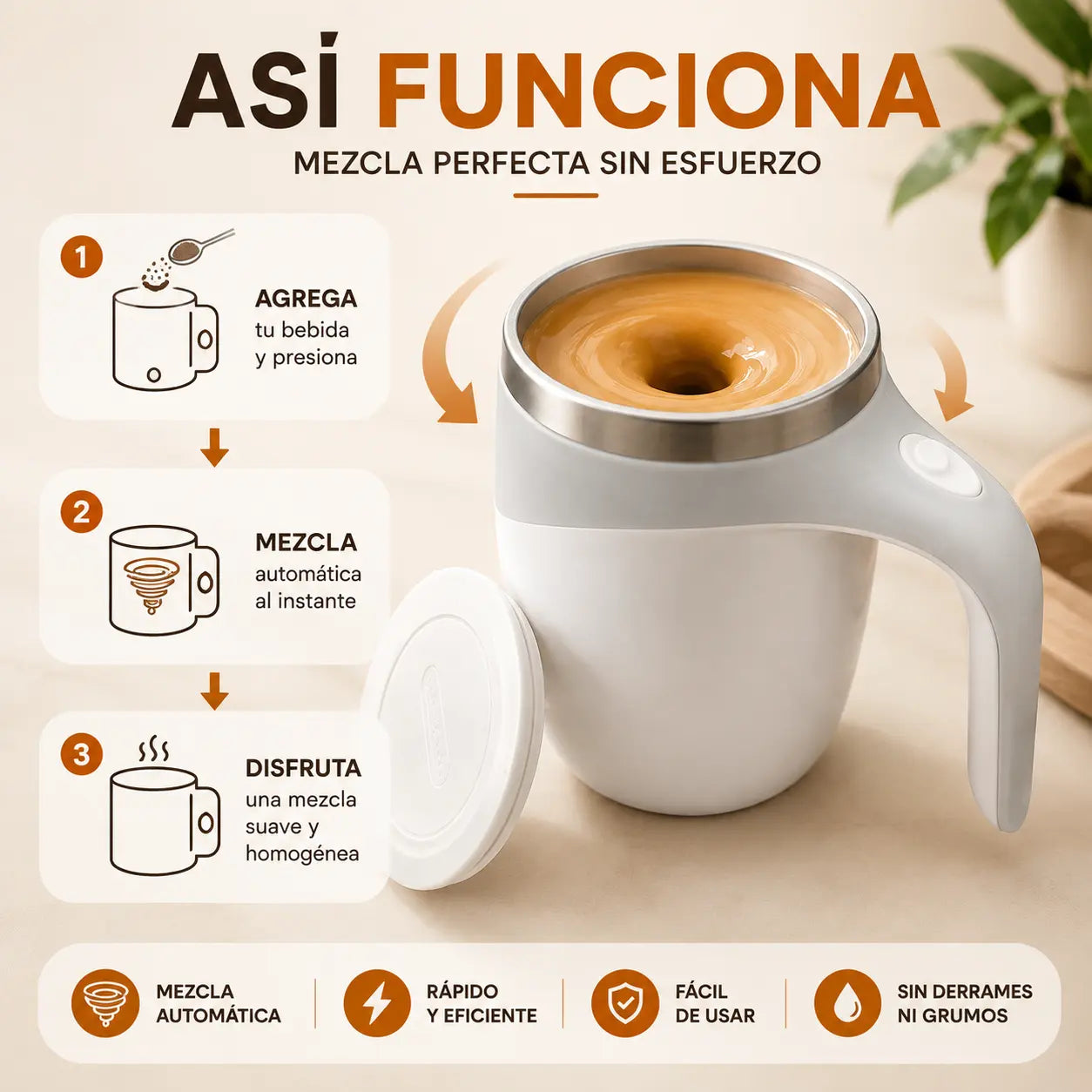 Taza De Cafe Inoxidable Automezclable